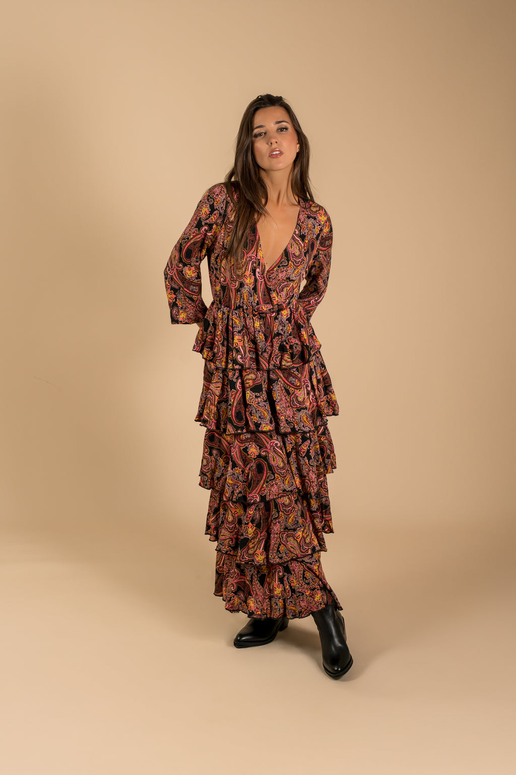 Robe longue à volants imprimé exclusif