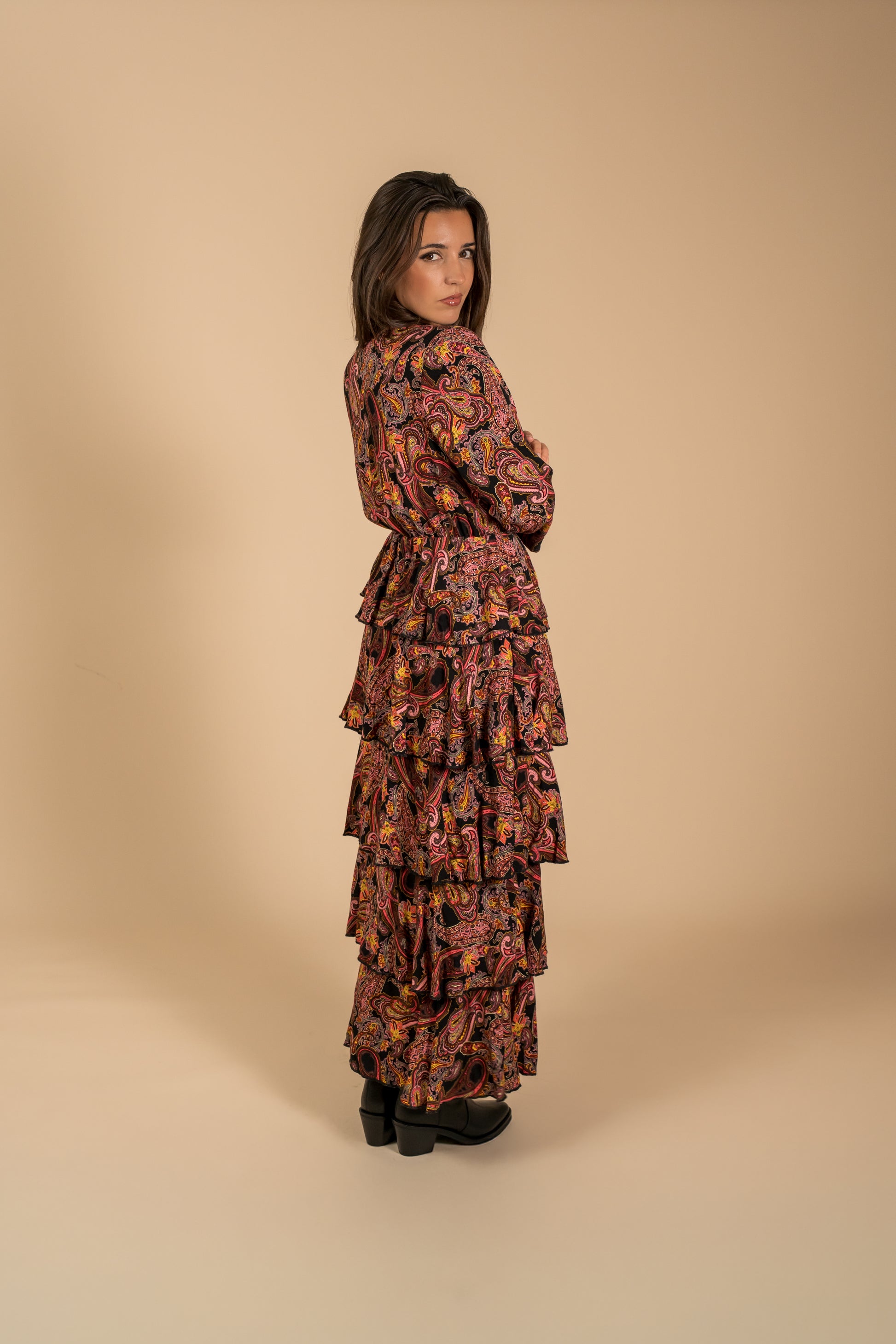 Robe longue à volants imprimé exclusif